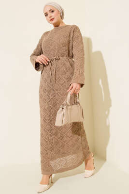 İp Kuşaklı Kare Ajurlu Triko Elbise Vizon - RAFİMİX