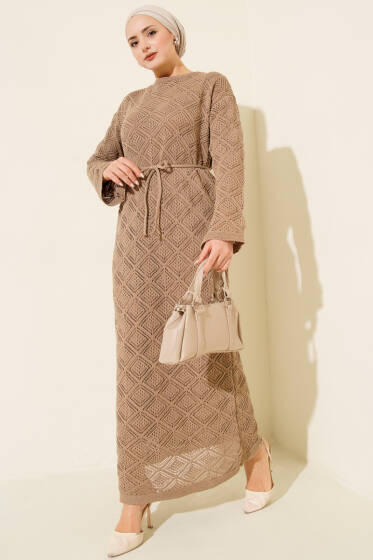 İp Kuşaklı Kare Ajurlu Triko Elbise Vizon - Elbise