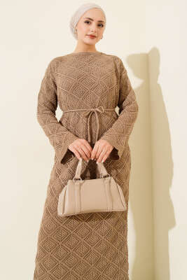 İp Kuşaklı Kare Ajurlu Triko Elbise Vizon - Elbise