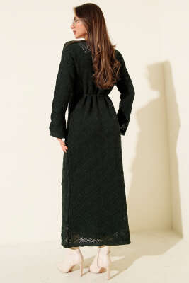 İp Kuşaklı Kare Ajurlu Triko Elbise Zümrüt - Elbise