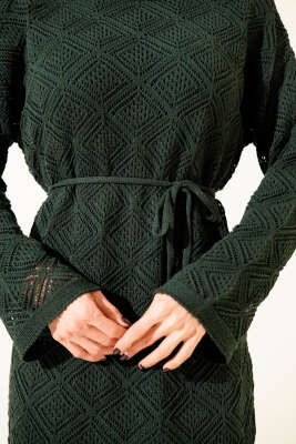 İp Kuşaklı Kare Ajurlu Triko Elbise Zümrüt - Elbise