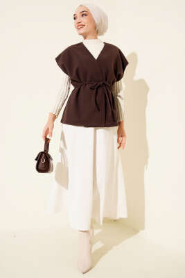 İp Kuşaklı Kaşe Yelek Acı Kahve - Yelek