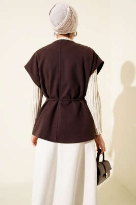 İp Kuşaklı Kaşe Yelek Acı Kahve - Yelek