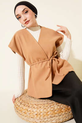 İp Kuşaklı Kaşe Yelek Camel - MD TREND