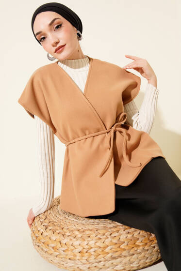 İp Kuşaklı Kaşe Yelek Camel - Yelek