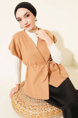 İp Kuşaklı Kaşe Yelek Camel - Yelek