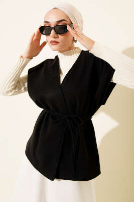 İp Kuşaklı Kaşe Yelek Siyah - MD TREND