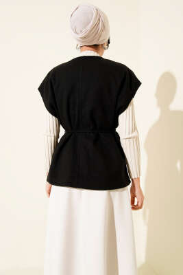 İp Kuşaklı Kaşe Yelek Siyah - Yelek