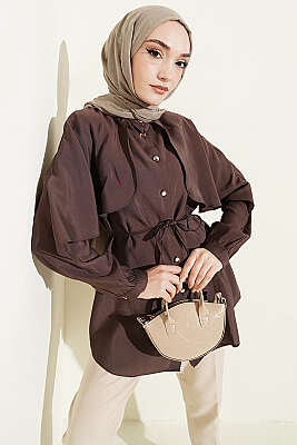 İp Kuşaklı Kol Pelerinli Gömlek Acı Kahve - MD TREND