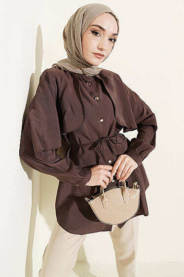 İp Kuşaklı Kol Pelerinli Gömlek Acı Kahve - Gömlek