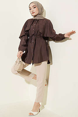 İp Kuşaklı Kol Pelerinli Gömlek Acı Kahve - Gömlek