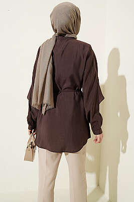 İp Kuşaklı Kol Pelerinli Gömlek Acı Kahve - Gömlek