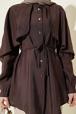 İp Kuşaklı Kol Pelerinli Gömlek Acı Kahve - Gömlek