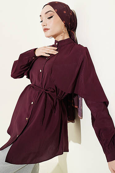 İp Kuşaklı Kol Pelerinli Gömlek Bordo - Gömlek