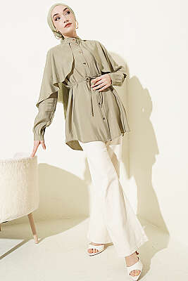 İp Kuşaklı Kol Pelerinli Gömlek Çağla Yeşili - Gömlek