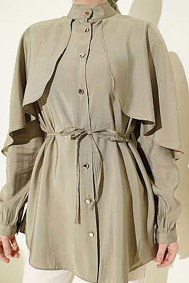 İp Kuşaklı Kol Pelerinli Gömlek Çağla Yeşili - Gömlek