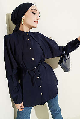 İp Kuşaklı Kol Pelerinli Gömlek Lacivert - MD TREND