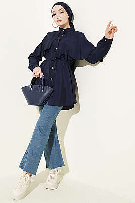 İp Kuşaklı Kol Pelerinli Gömlek Lacivert - Gömlek