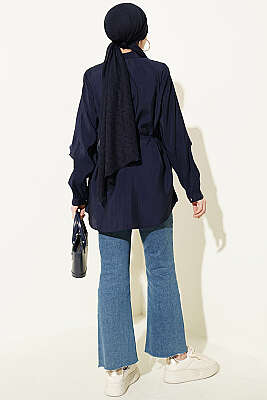 İp Kuşaklı Kol Pelerinli Gömlek Lacivert - Gömlek