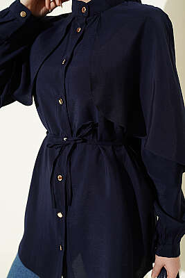 İp Kuşaklı Kol Pelerinli Gömlek Lacivert - Gömlek