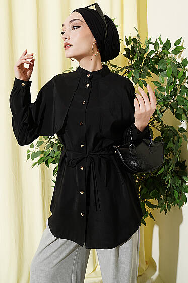 İp Kuşaklı Kol Pelerinli Gömlek Siyah - Gömlek