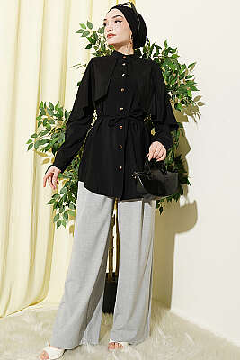 İp Kuşaklı Kol Pelerinli Gömlek Siyah - Gömlek