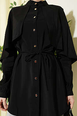 İp Kuşaklı Kol Pelerinli Gömlek Siyah - Gömlek