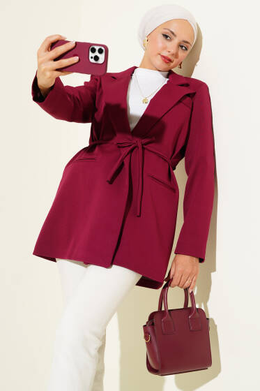 İp Kuşaklı Kruvaze Yaka Ceket Vişne - Ceket