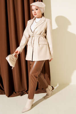 İp Kuşaklı Kruvaze Yaka Deri Ceket Bej - Ceket