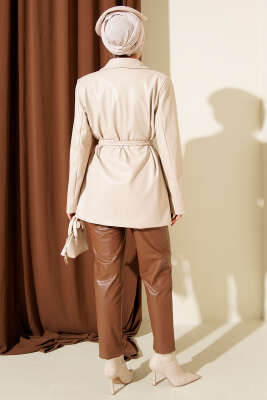 İp Kuşaklı Kruvaze Yaka Deri Ceket Bej - Ceket