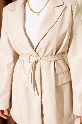 İp Kuşaklı Kruvaze Yaka Deri Ceket Bej - Ceket