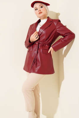 İp Kuşaklı Kruvaze Yaka Deri Ceket Bordo - Ceket