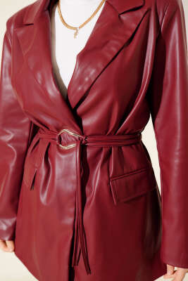 İp Kuşaklı Kruvaze Yaka Deri Ceket Bordo - Ceket