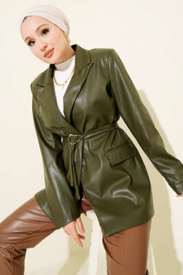 İp Kuşaklı Kruvaze Yaka Deri Ceket Haki - BERAT TEKSTİL