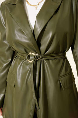 İp Kuşaklı Kruvaze Yaka Deri Ceket Haki - Ceket