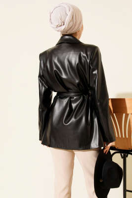 İp Kuşaklı Kruvaze Yaka Deri Ceket Siyah - Ceket