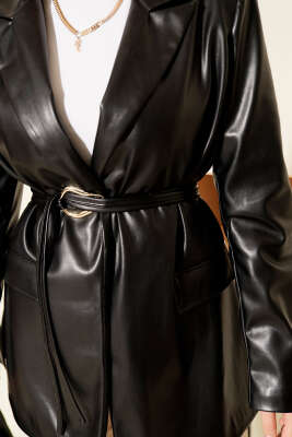 İp Kuşaklı Kruvaze Yaka Deri Ceket Siyah - Ceket