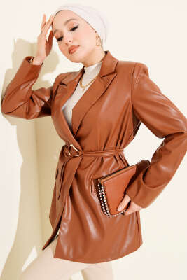 İp Kuşaklı Kruvaze Yaka Deri Ceket Taba - BERAT TEKSTİL