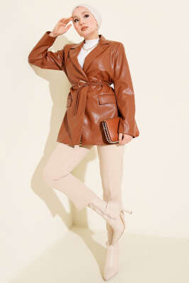 İp Kuşaklı Kruvaze Yaka Deri Ceket Taba - Ceket