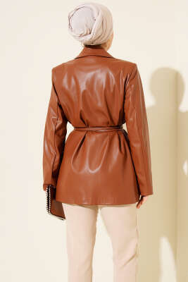 İp Kuşaklı Kruvaze Yaka Deri Ceket Taba - Ceket