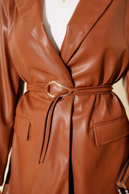 İp Kuşaklı Kruvaze Yaka Deri Ceket Taba - Ceket