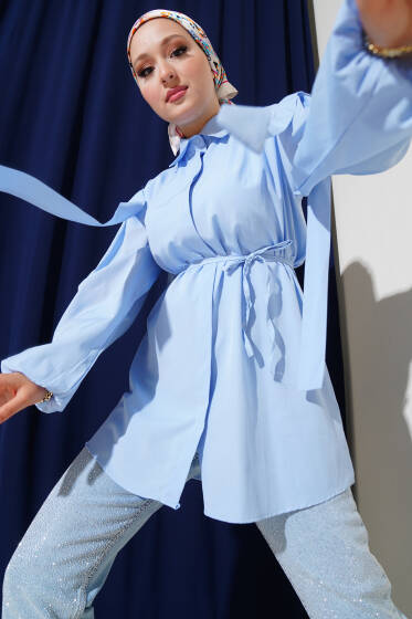 İp Kuşaklı Omuz Pelerinli Gömlek Bebe Mavi - Gömlek