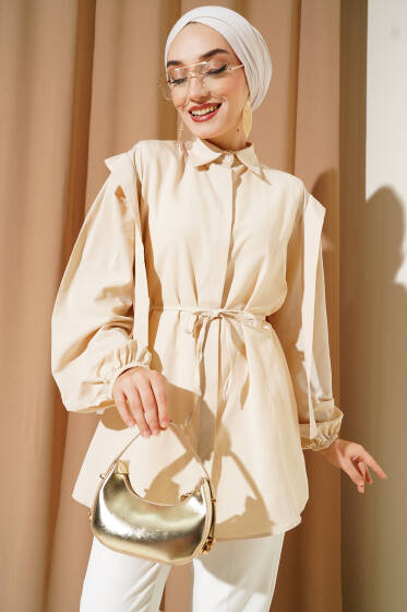 İp Kuşaklı Omuz Pelerinli Gömlek Bej - Gömlek