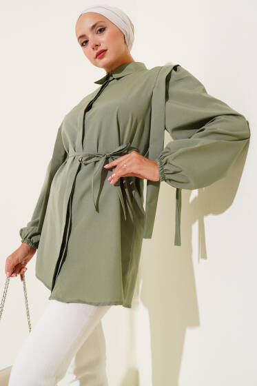 İp Kuşaklı Omuz Pelerinli Gömlek Çağla Yeşili - Yılın Fırsatı