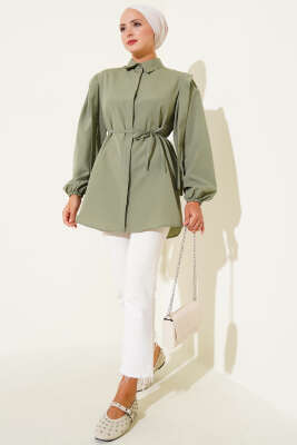 İp Kuşaklı Omuz Pelerinli Gömlek Çağla Yeşili - Yılın Fırsatı
