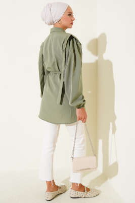 İp Kuşaklı Omuz Pelerinli Gömlek Çağla Yeşili - Yılın Fırsatı