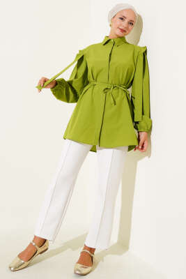 İp Kuşaklı Omuz Pelerinli Gömlek Fıstık Yeşili - Yılın Fırsatı
