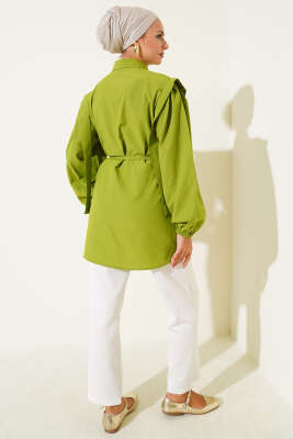 İp Kuşaklı Omuz Pelerinli Gömlek Fıstık Yeşili - Yılın Fırsatı