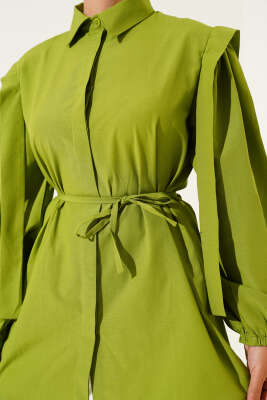 İp Kuşaklı Omuz Pelerinli Gömlek Fıstık Yeşili - Yılın Fırsatı