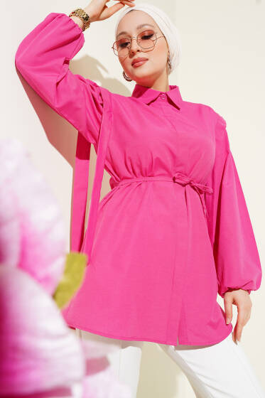 İp Kuşaklı Omuz Pelerinli Gömlek Fuşya - Gömlek
